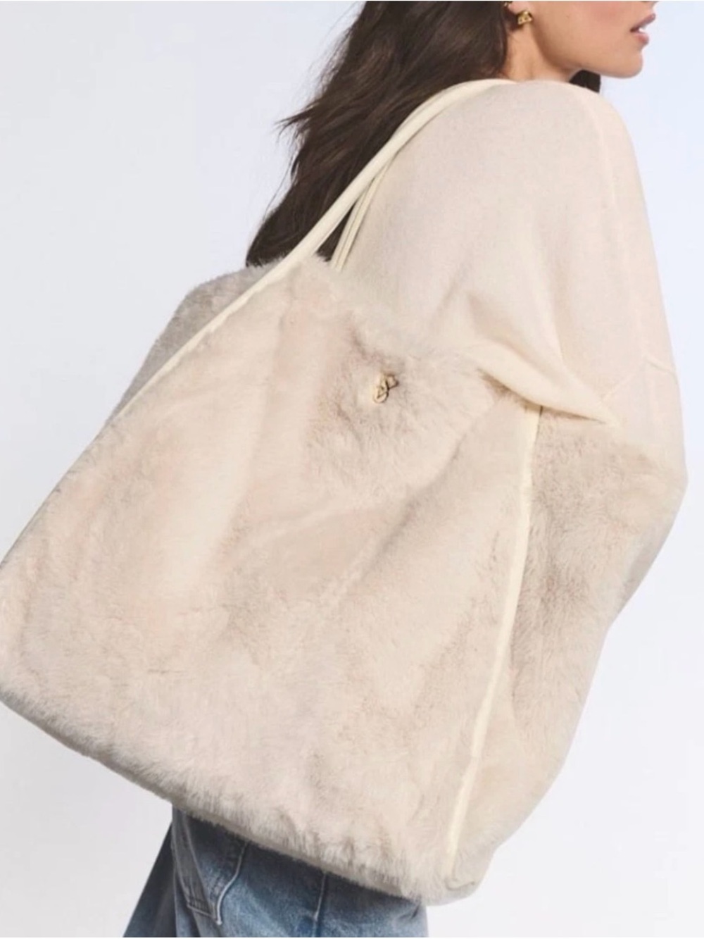 Victoria's Secret Plush Faux Fur Tote in Cream